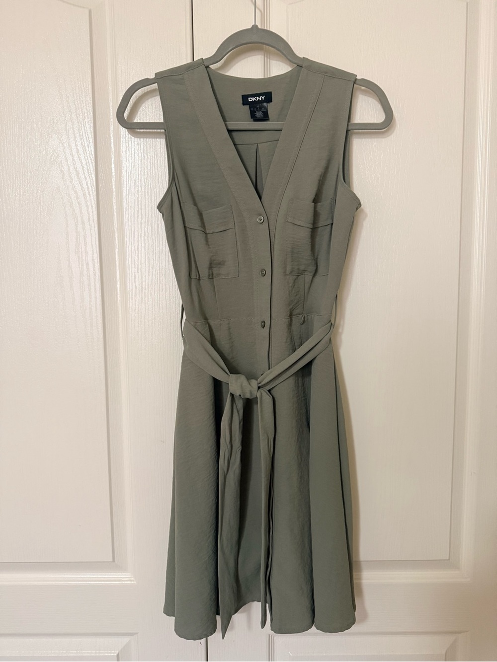 DKNY Sleeveless V-Neck Belted Midi Dress in Sage Green - Picture 2 of 4